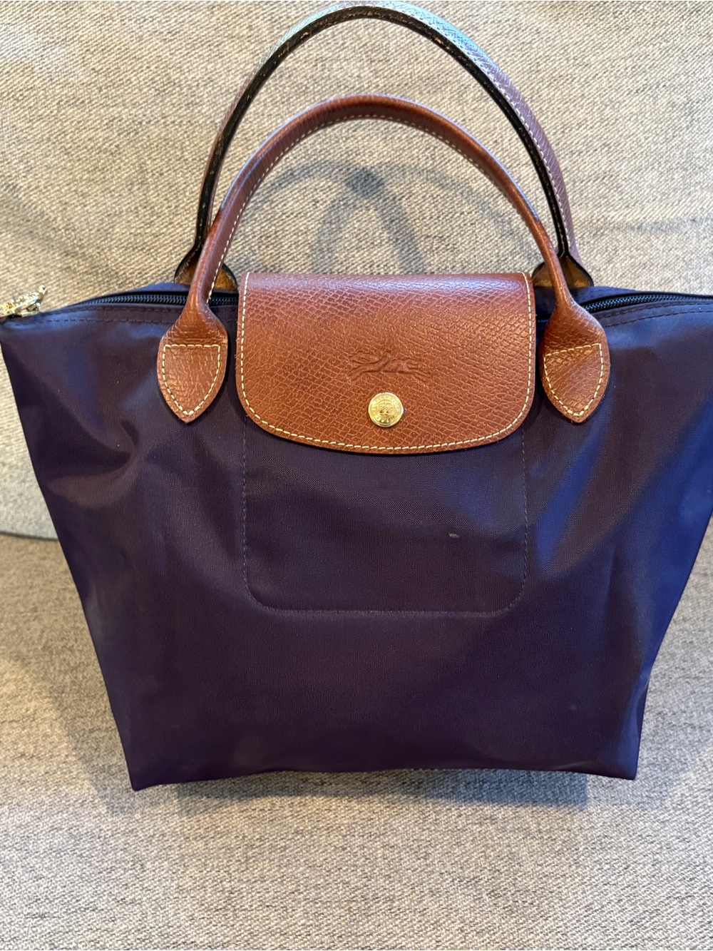 Longchamp Eggplant Tote with Brown Leather Trim- Like New